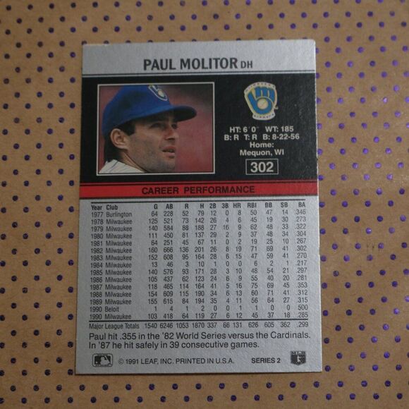 Paul Molitor #302 Baseball Card - Picture 2 of 2